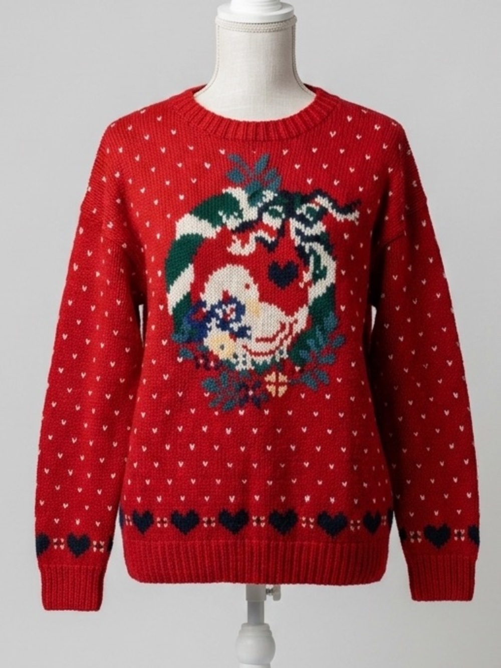 Eddie Bauer Red Christmas Sweater Vintage 80s Wool Goose Heart Size Medium